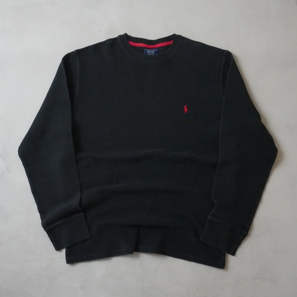 Polo Ralph Lauren Mens XL Black Waffle Knit Long Sleeve Sleepwear Shirt Red Pony